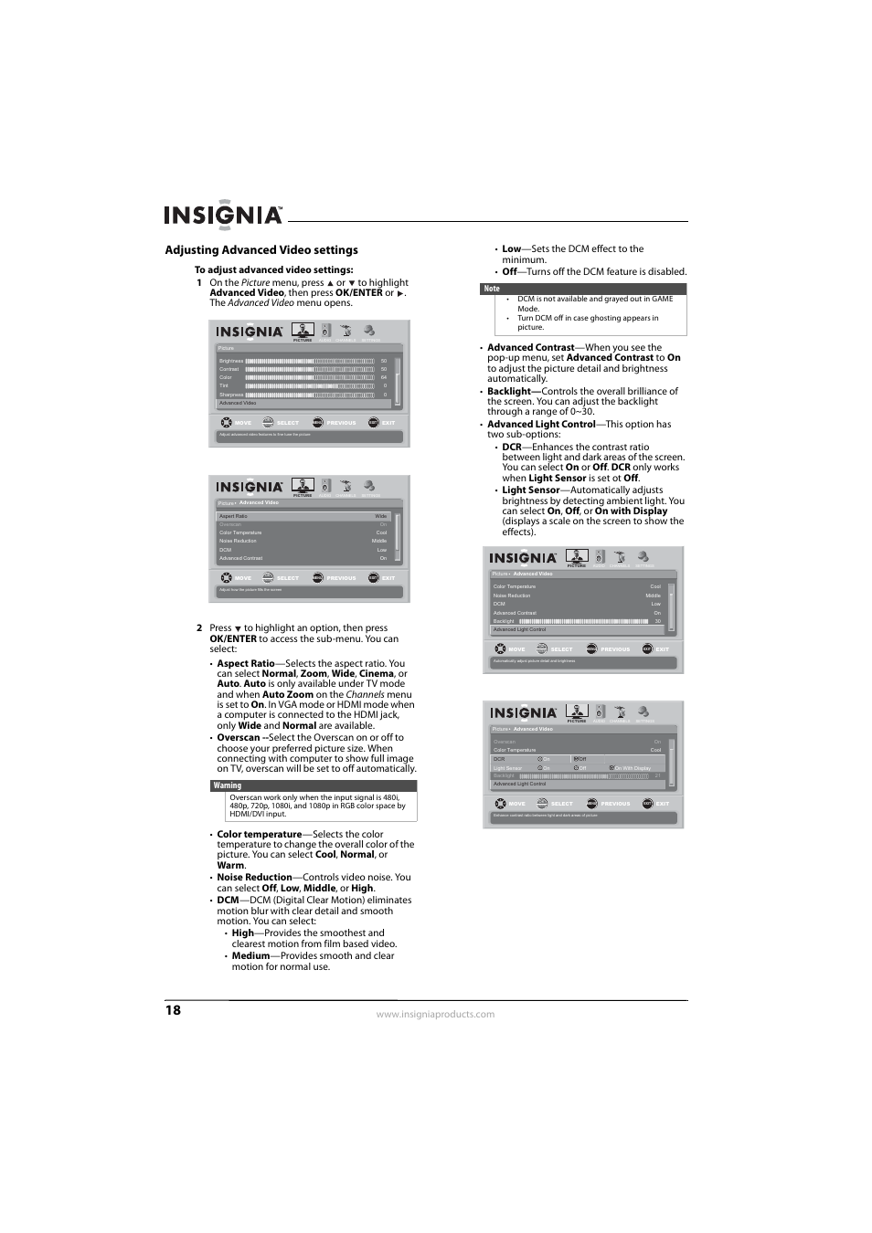 Adjusting advanced video settings, See “adjusting advanced video settings, Warning | Insignia NS-L55X-10A User Manual | Page 22 / 60