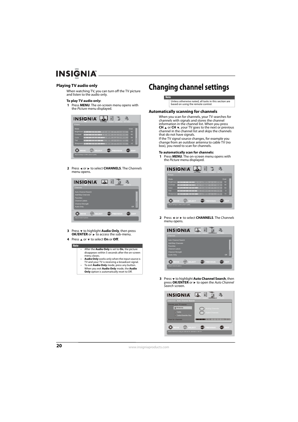 Playing tv audio only, Changing channel settings, Automatically scanning for channels | Insignia NS-L55X-10A User Manual | Page 24 / 60