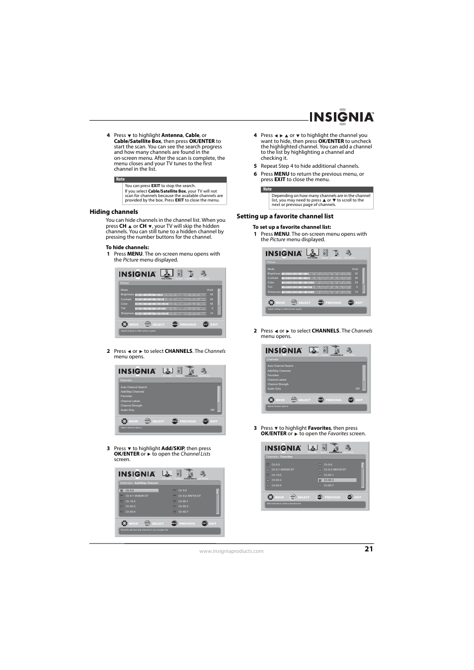 Hiding channels, Setting up a favorite channel list, Hiding channels setting up a favorite channel list | Insignia NS-L55X-10A User Manual | Page 25 / 60