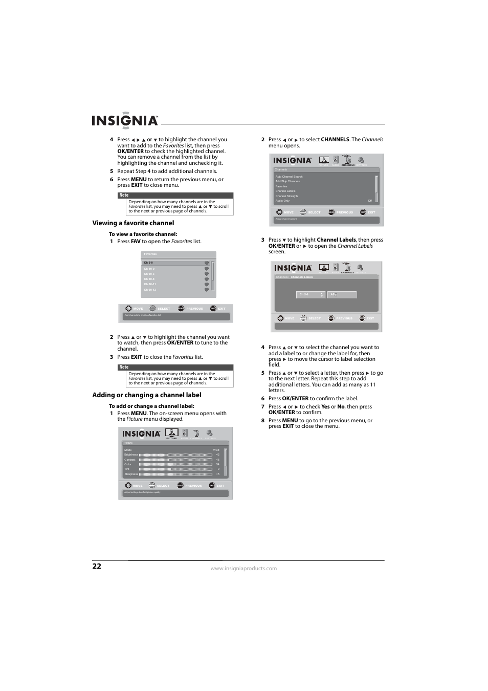 Viewing a favorite channel, Adding or changing a channel label | Insignia NS-L55X-10A User Manual | Page 26 / 60