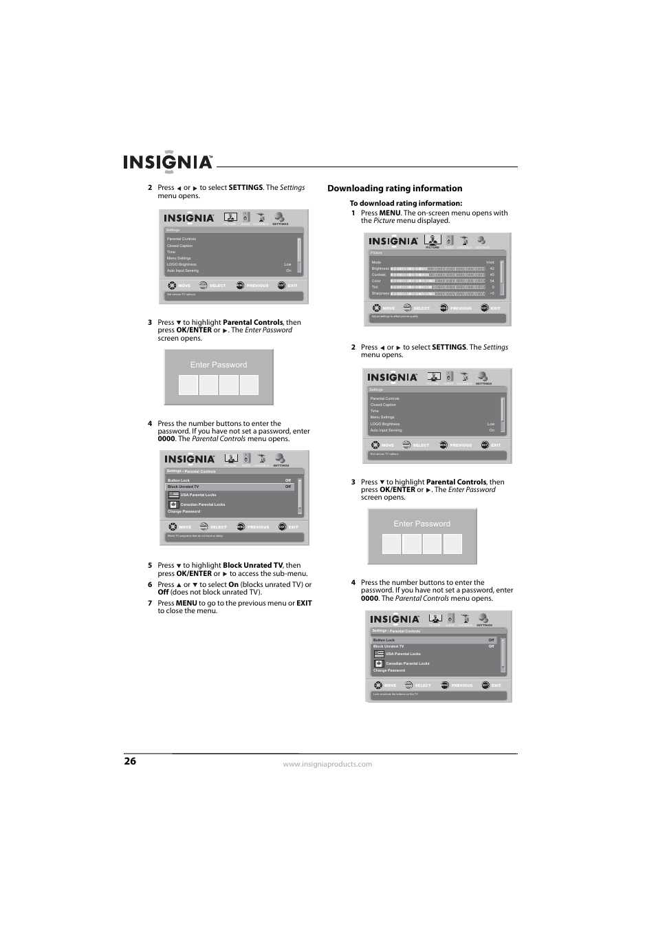 Downloading rating information, Enter password | Insignia NS-L55X-10A User Manual | Page 30 / 60