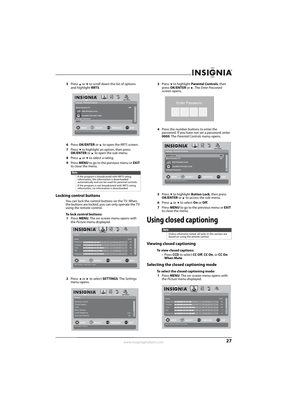 Locking control buttons, Using closed captioning, Viewing closed captioning | Selecting the closed captioning mode, Enter password | Insignia NS-L55X-10A User Manual | Page 31 / 60