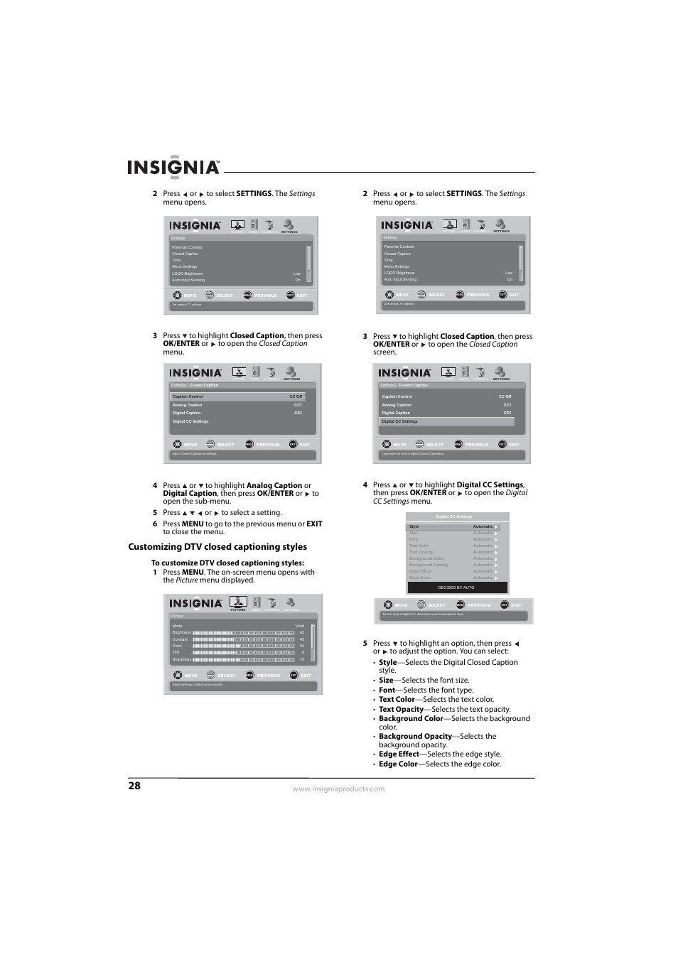 Customizing dtv closed captioning styles | Insignia NS-L55X-10A User Manual | Page 32 / 60