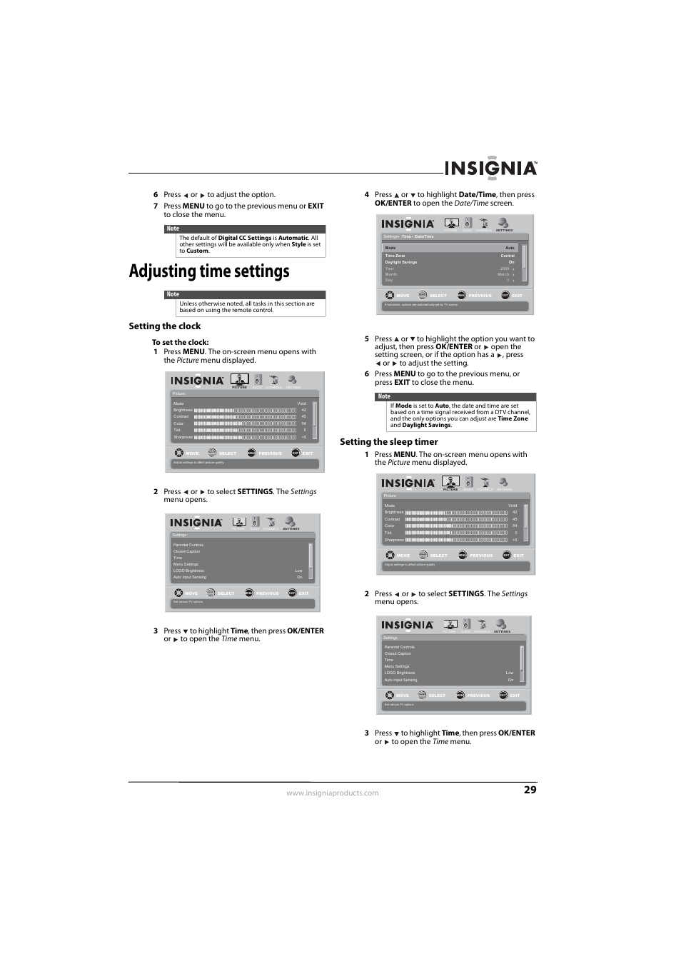 Adjusting time settings, Setting the clock, Setting the sleep timer | Setting the clock setting the sleep timer, Setting the sleep timer” on | Insignia NS-L55X-10A User Manual | Page 33 / 60