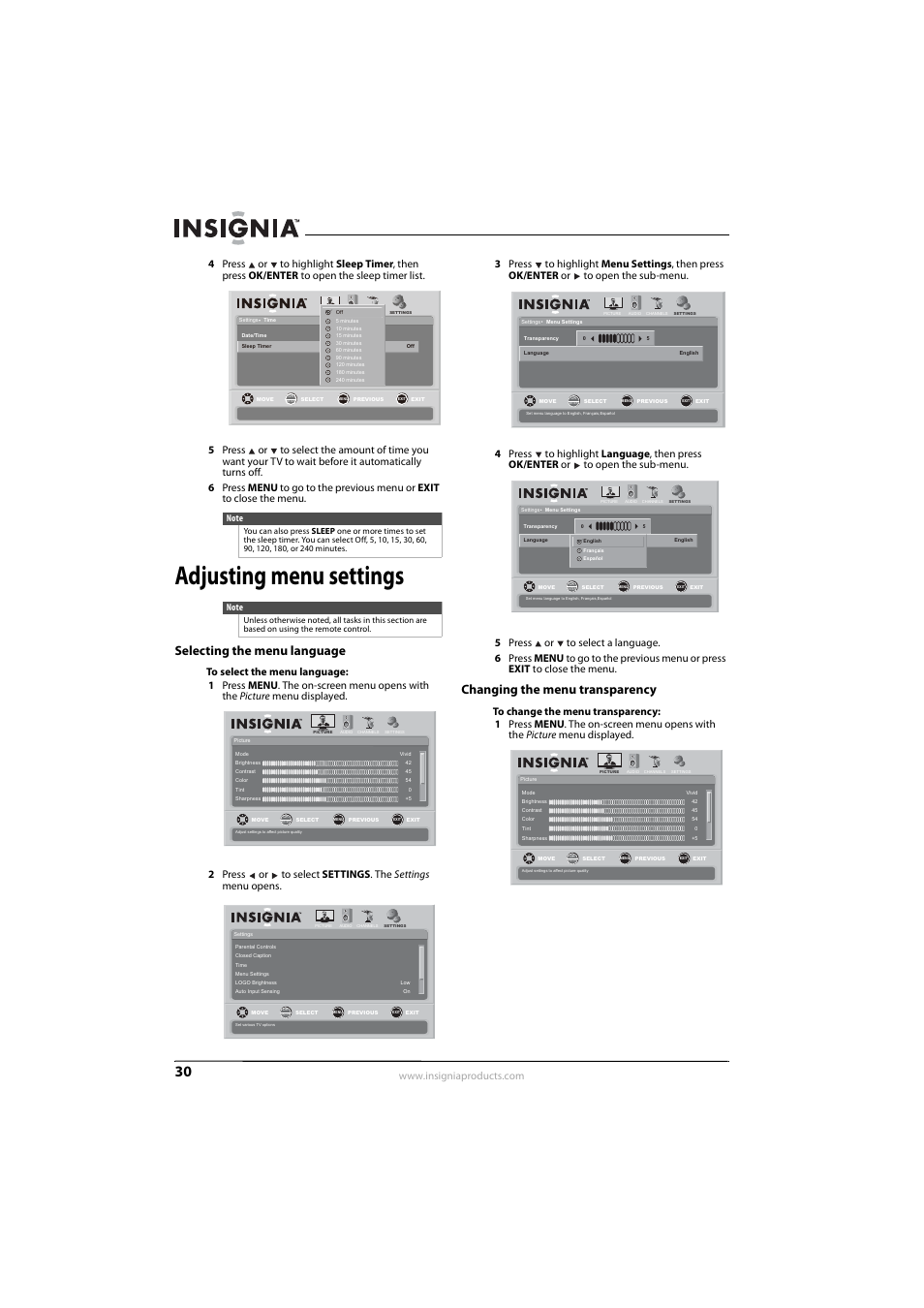 Adjusting menu settings, Selecting the menu language, Changing the menu transparency | Selecting the menu language” o, 30 o | Insignia NS-L55X-10A User Manual | Page 34 / 60