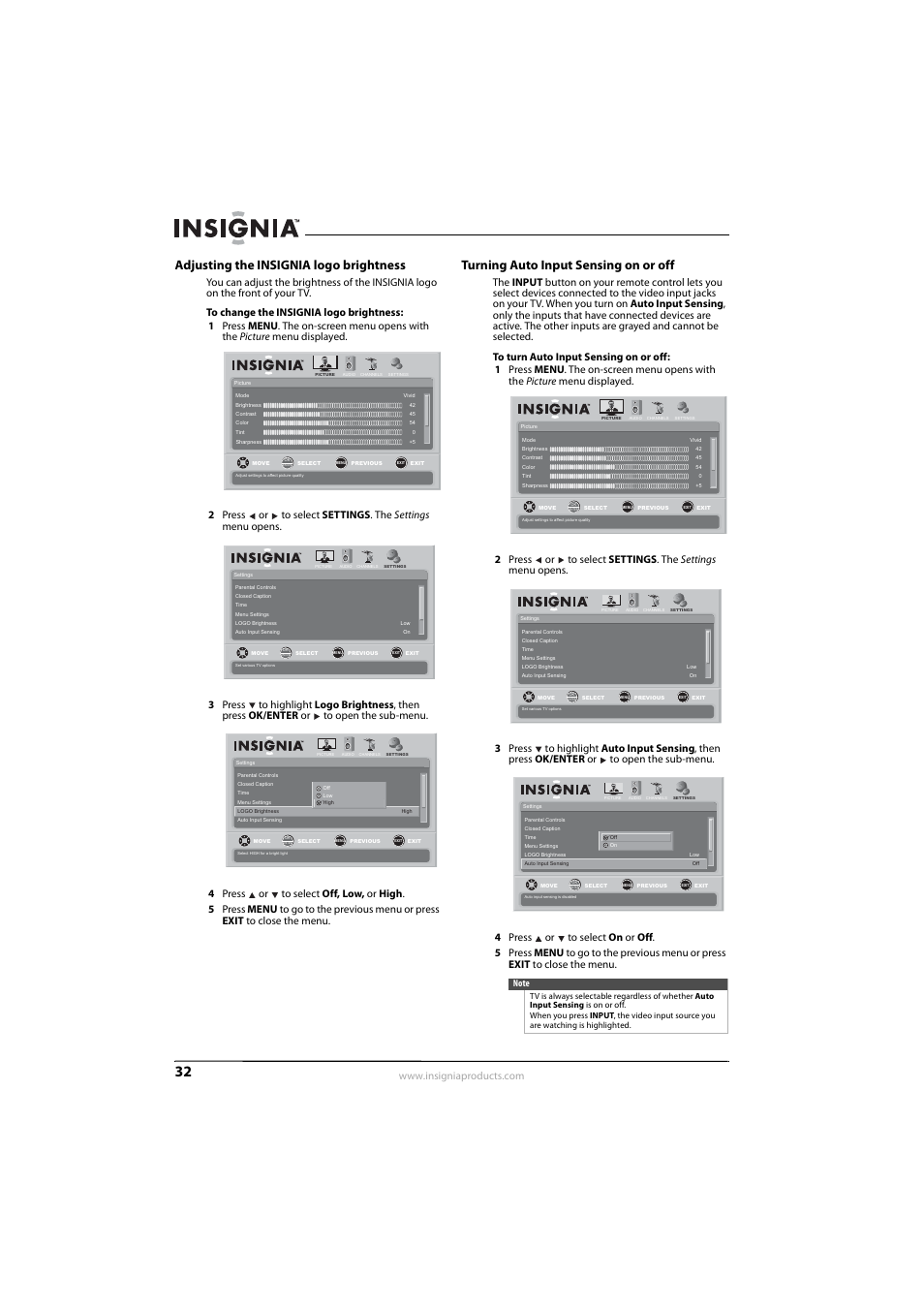 Adjusting the insignia logo brightness, Turning auto input sensing on or off | Insignia NS-L55X-10A User Manual | Page 36 / 60