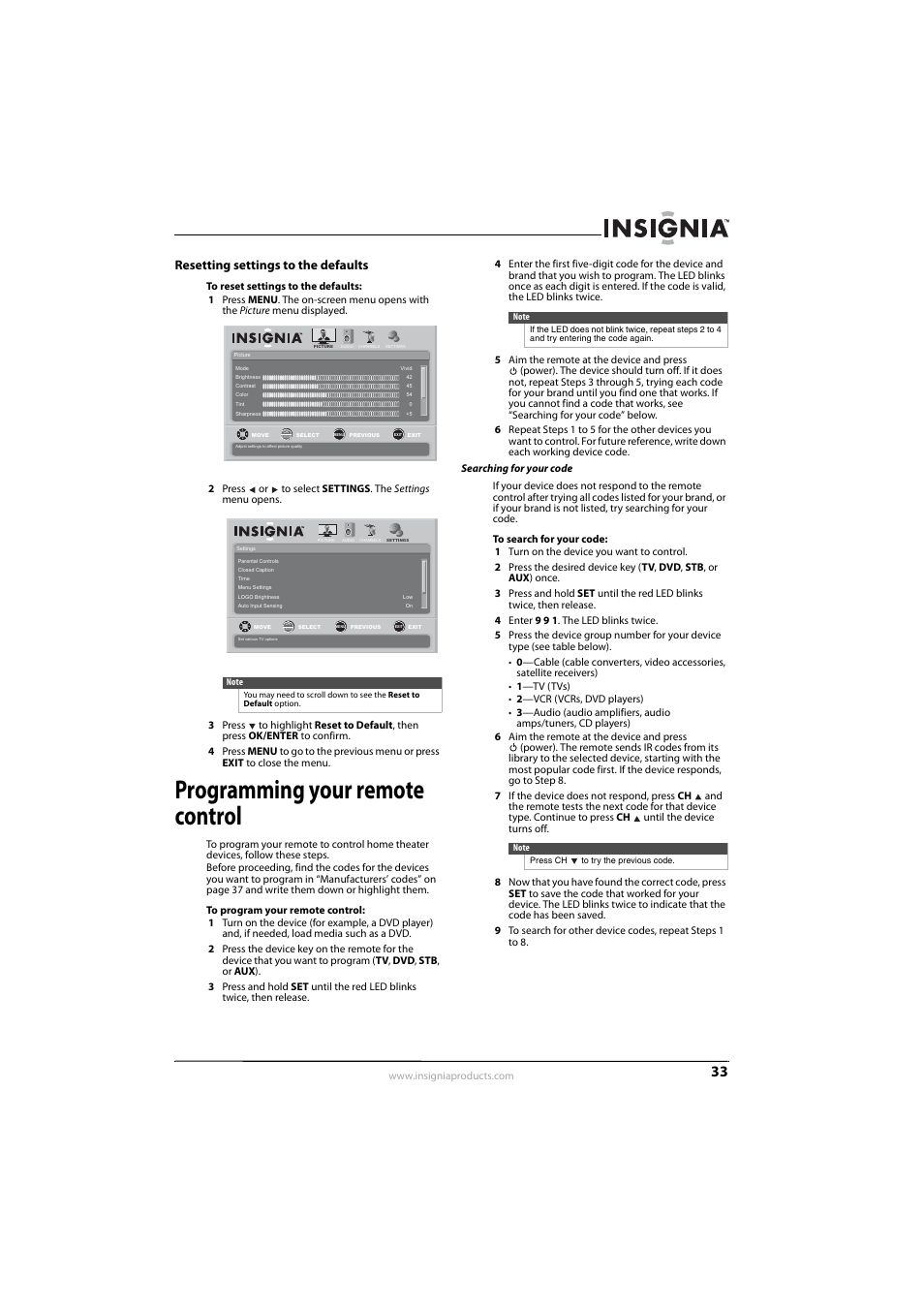 Resetting settings to the defaults, Programming your remote control, Ee “programming your remote control | Insignia NS-L55X-10A User Manual | Page 37 / 60