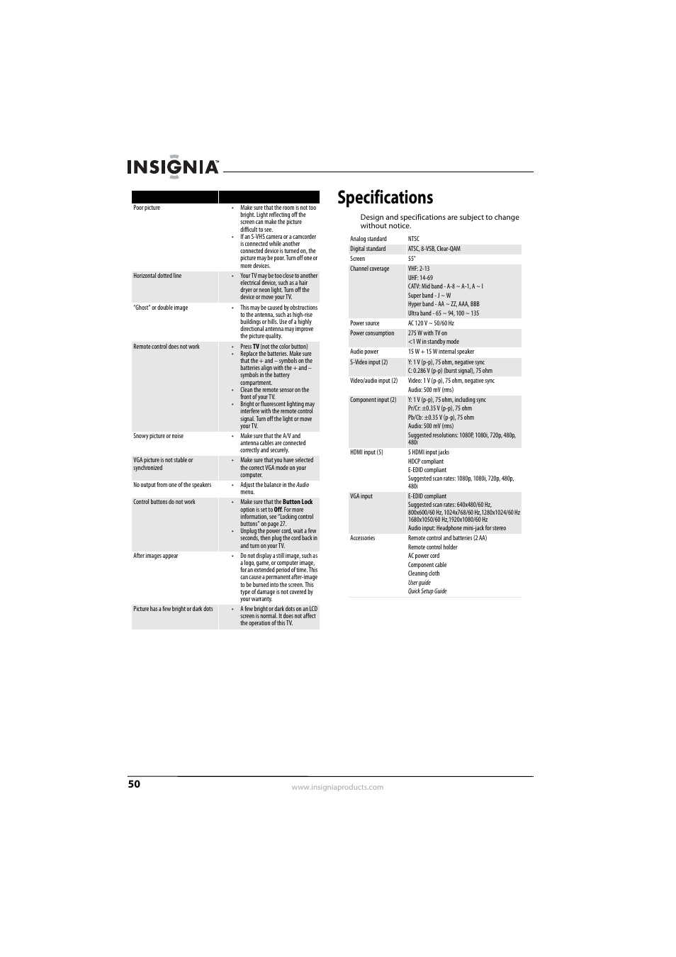 Specifications | Insignia NS-L55X-10A User Manual | Page 54 / 60