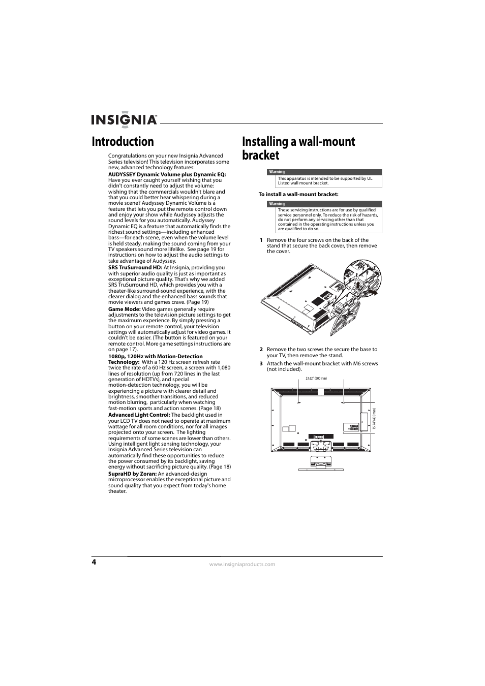 Introduction, Installing a wall-mount bracket | Insignia NS-L55X-10A User Manual | Page 8 / 60