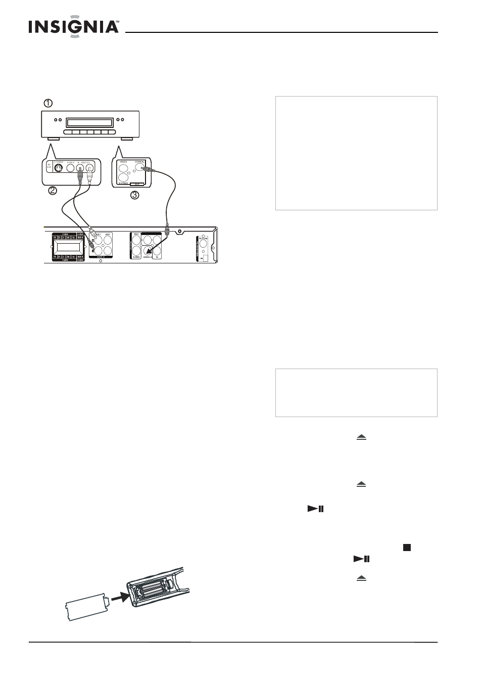 Remote control batteries, To replace the batteries, Using your home theater system | Turning your home theater system on and off, To turn your home theater system on and off, Playing a dvd disc, To play a disc | Insignia NS-H2001 User Manual | Page 10 / 62