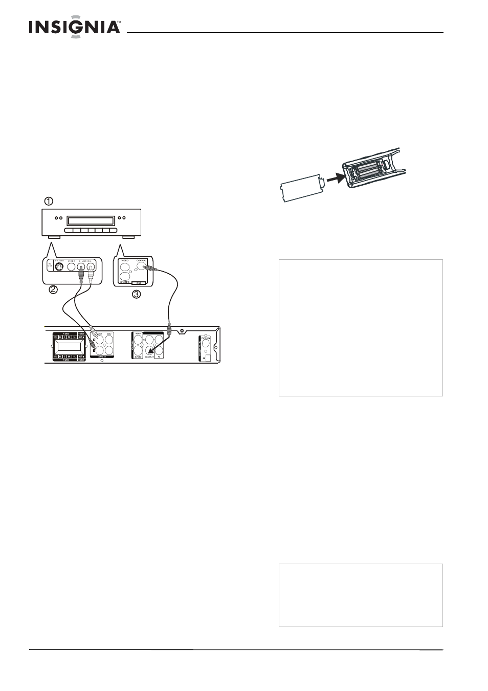 Connexion audio, Piles de la télécommande, Remplacement des piles | Utilisation du système de cinéma maison, Mise sous et hors tension de l’ensemble, Pour mettre sous et hors tension l’ensemble, Lecture d’un disque dvd | Insignia NS-H2001 User Manual | Page 28 / 62