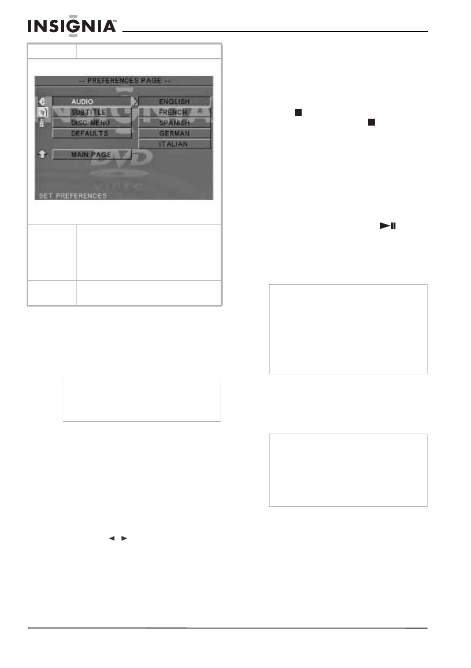 Options de lecture, Lecture d'un titre sélectionné, Pour lire un titre sélectionné | Utilisation d'une lecture programmée, Pour programmer la lecture, Accession au menu root (principal), Pour accéder au menu root, Activation du mode de balayage progressif | Insignia NS-H2001 User Manual | Page 32 / 62