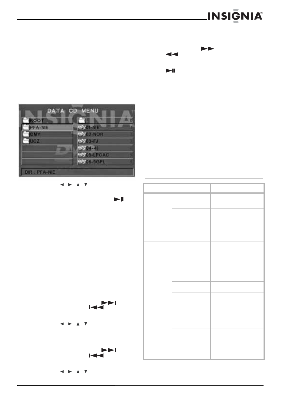 Para reproducir un disco con mp3 o jpeg, Para reproducir un disco de imágenes kodak, Durante la reproducción se puede | Localización y corrección de fallas | Insignia NS-H2001 User Manual | Page 55 / 62