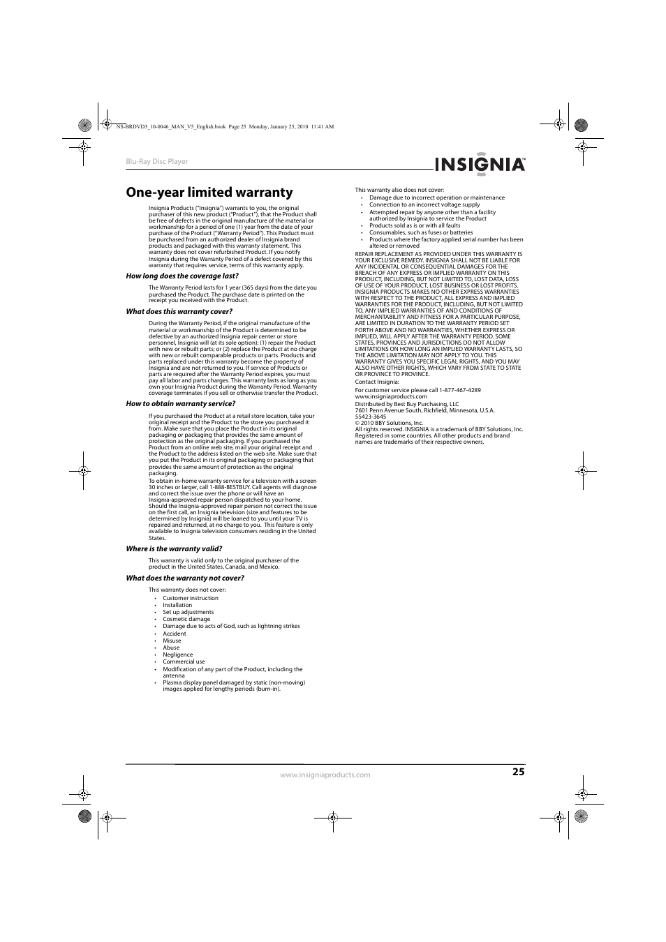 One-year limited warranty | Insignia NS-BRDVD3 User Manual | Page 29 / 32