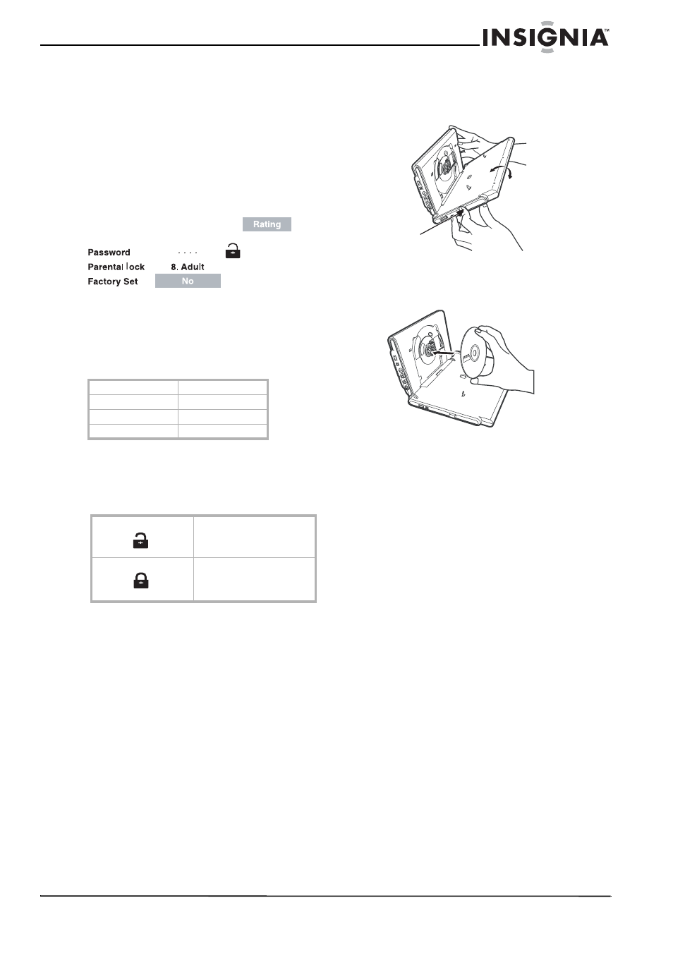 To set a rating, Loading a dvd or cd, To watch a dvd on your tv with the dvd player | To use other audio equipment with the dvd player | Insignia NS-MDDVD10 User Manual | Page 13 / 58