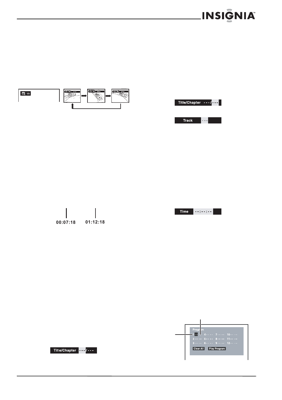 Angle selection, To select an angle, Special features | Display function, Goto function, Locating a specific title, To locate a specific title, Locating a specific chapter or track, To locate a specific chapter or track, Locating a specific time | Insignia NS-MDDVD10 User Manual | Page 15 / 58