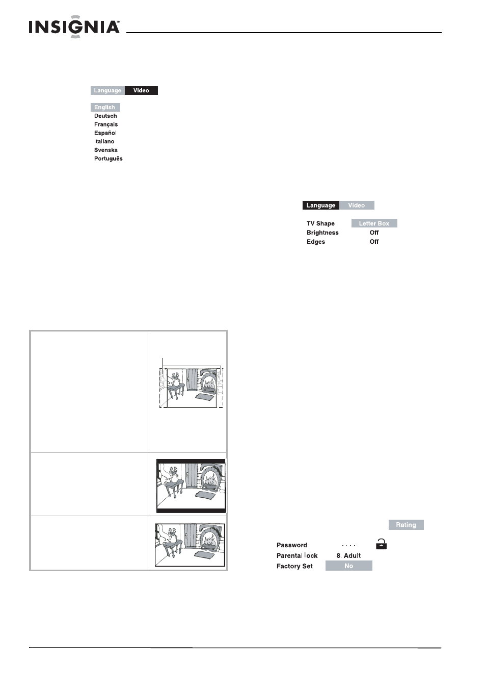 Video setup (configuration vidéo), Pour modifier les paramètres de l’image vidéo, Classification | Pour configurer la classification | Insignia NS-MDDVD10 User Manual | Page 30 / 58