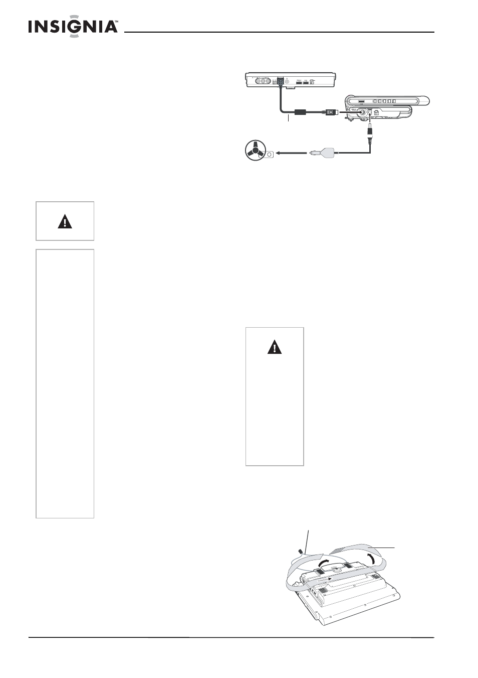 Conexión a una fuente de cc, Para conectar el cable de alimentación decc, Para instalar la unidad/monitor | Insignia NS-MDDVD10 User Manual | Page 44 / 58