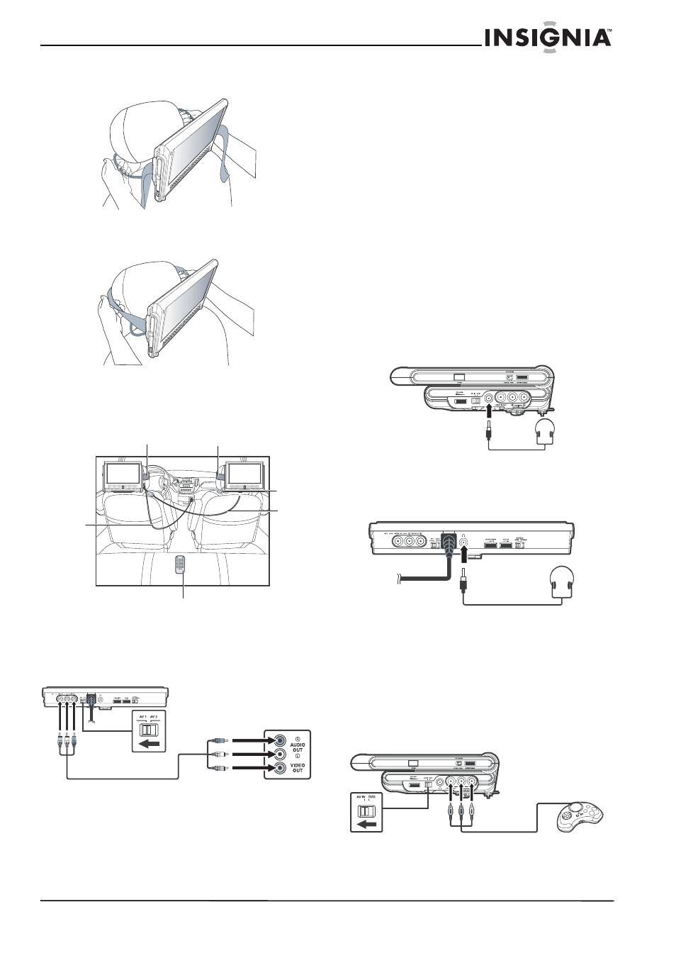 Conexión del monitor al reproductor de dvd o vcr, Conexión de audífonos, Para conectar los audífonos | Conexión a un sistema de juegos | Insignia NS-MDDVD10 User Manual | Page 45 / 58