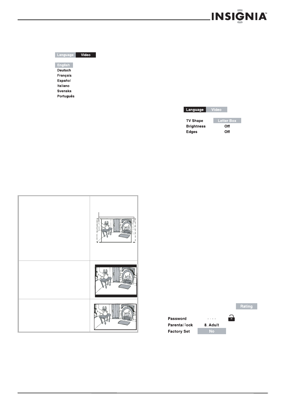 Configuración de video, Para cambiar los ajustes de video, Clasificación | Para establecer una clasificación | Insignia NS-MDDVD10 User Manual | Page 49 / 58