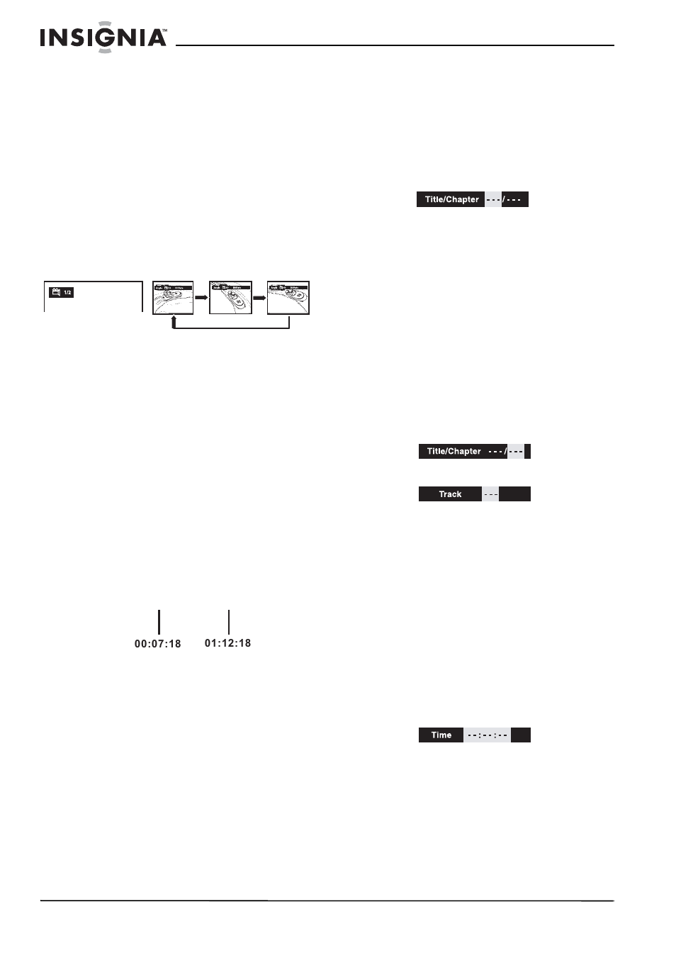 Selección del ángulo, Para seleccionar un ángulo, Características especiales | Función de visualización, Función goto (ir a), Localización de un título específico, Para localizar un título específico, Localización de un capítulo o pista específica, Para localizar un capítulo o pista específica, Localización de un tiempo específico | Insignia NS-MDDVD10 User Manual | Page 52 / 58