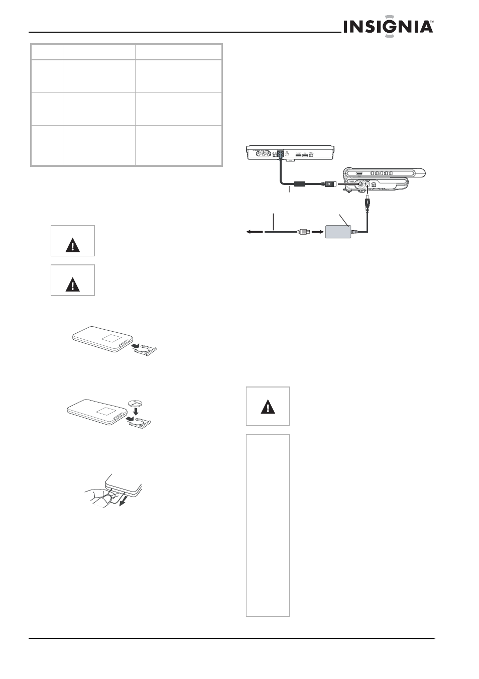 Setting up your dvd player, Preparing the remote control, Installing remote control battery | To install the battery in the remote control, Connecting ac power, To connect the ac adapter, Connecting dc power | Insignia NS-MDDVD10 User Manual | Page 7 / 58