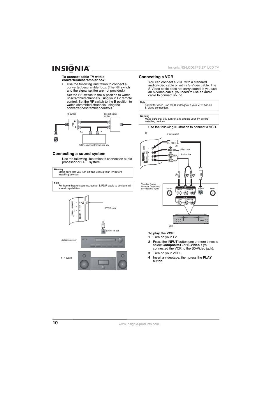 Connecting a sound system, Connecting a vcr | Insignia NS-LCD27FS User Manual | Page 10 / 74