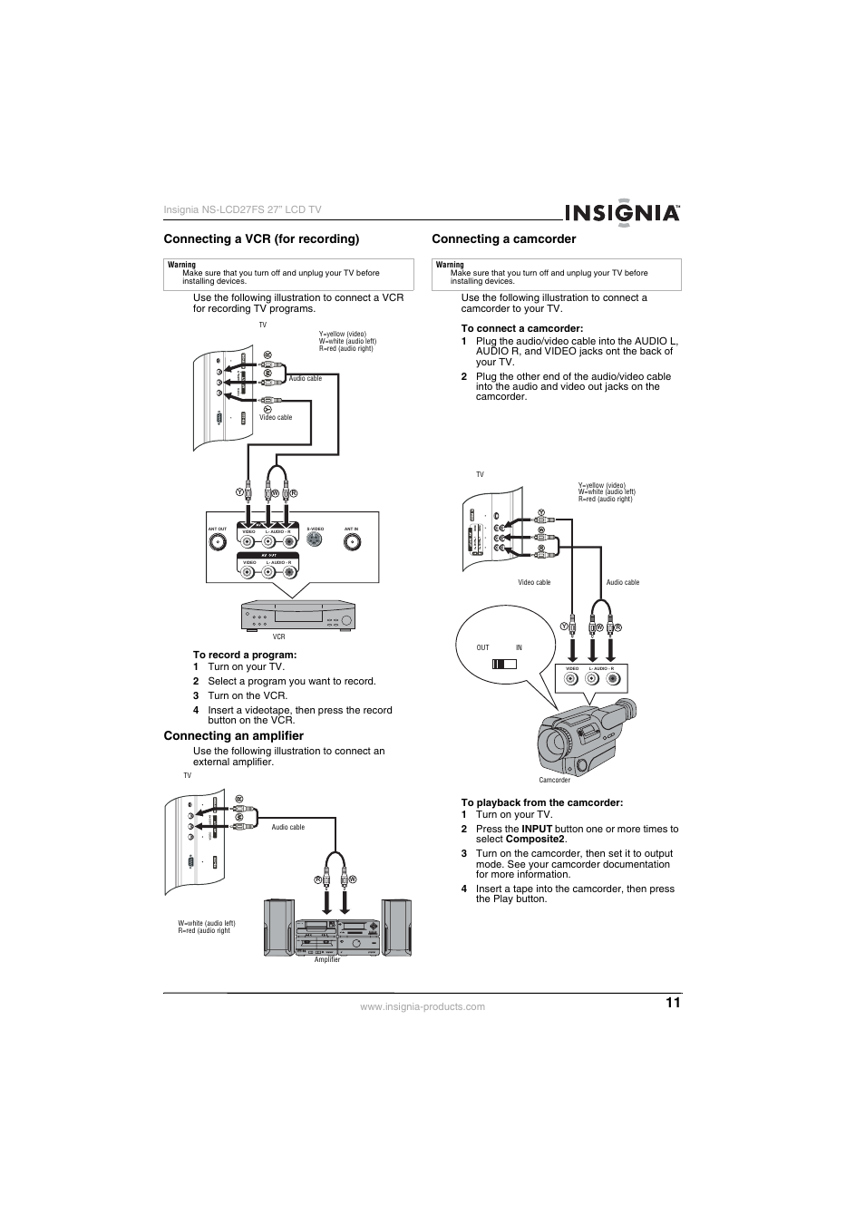 Connecting a vcr (for recording), Connecting an amplifier, Connecting a camcorder | Insignia NS-LCD27FS User Manual | Page 11 / 74