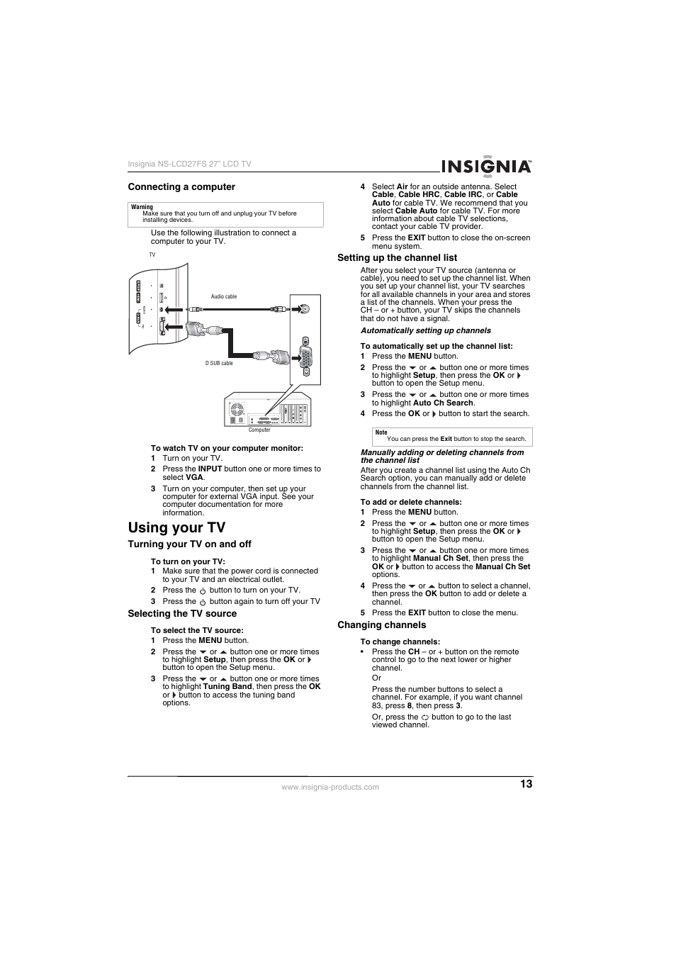 Using your tv | Insignia NS-LCD27FS User Manual | Page 13 / 74