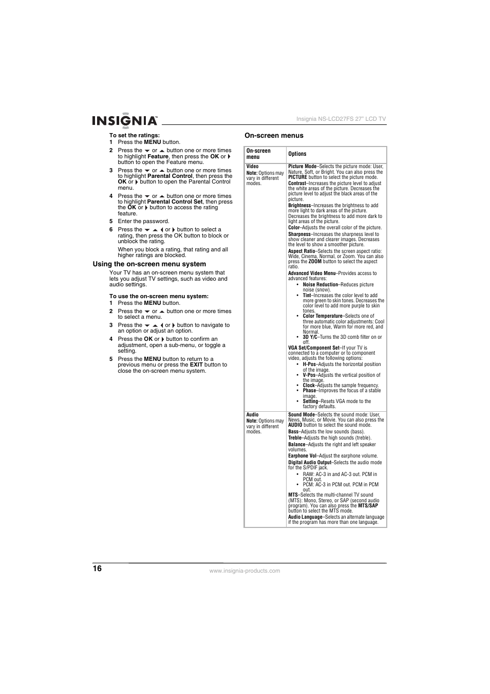 Insignia NS-LCD27FS User Manual | Page 16 / 74