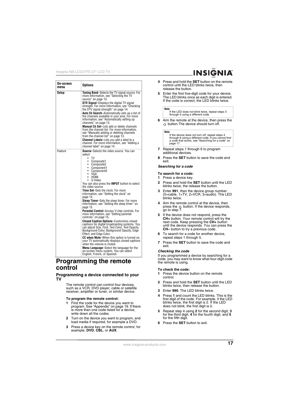 Programming the remote control | Insignia NS-LCD27FS User Manual | Page 17 / 74