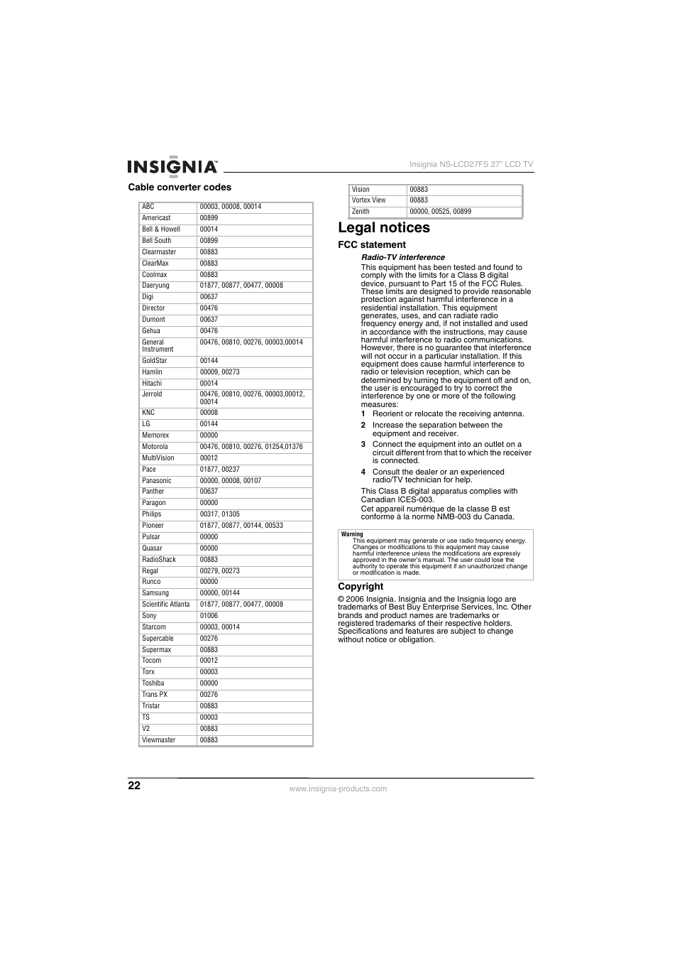 Legal notices | Insignia NS-LCD27FS User Manual | Page 22 / 74
