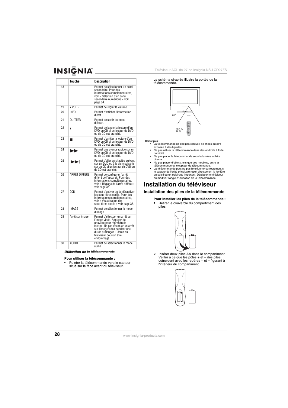 Installation du téléviseur | Insignia NS-LCD27FS User Manual | Page 28 / 74