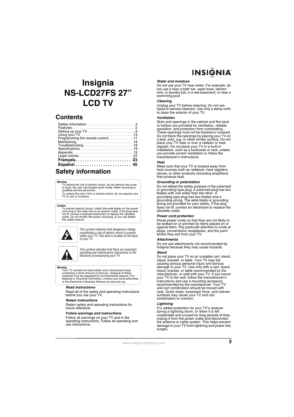 Insignia NS-LCD27FS User Manual | Page 3 / 74