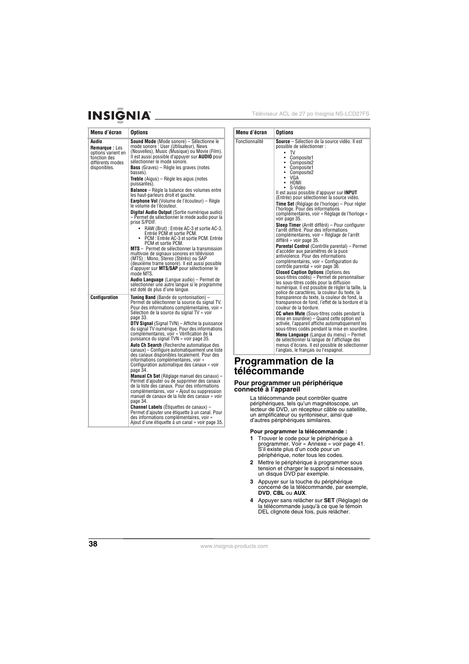 Programmation de la télécommande | Insignia NS-LCD27FS User Manual | Page 38 / 74