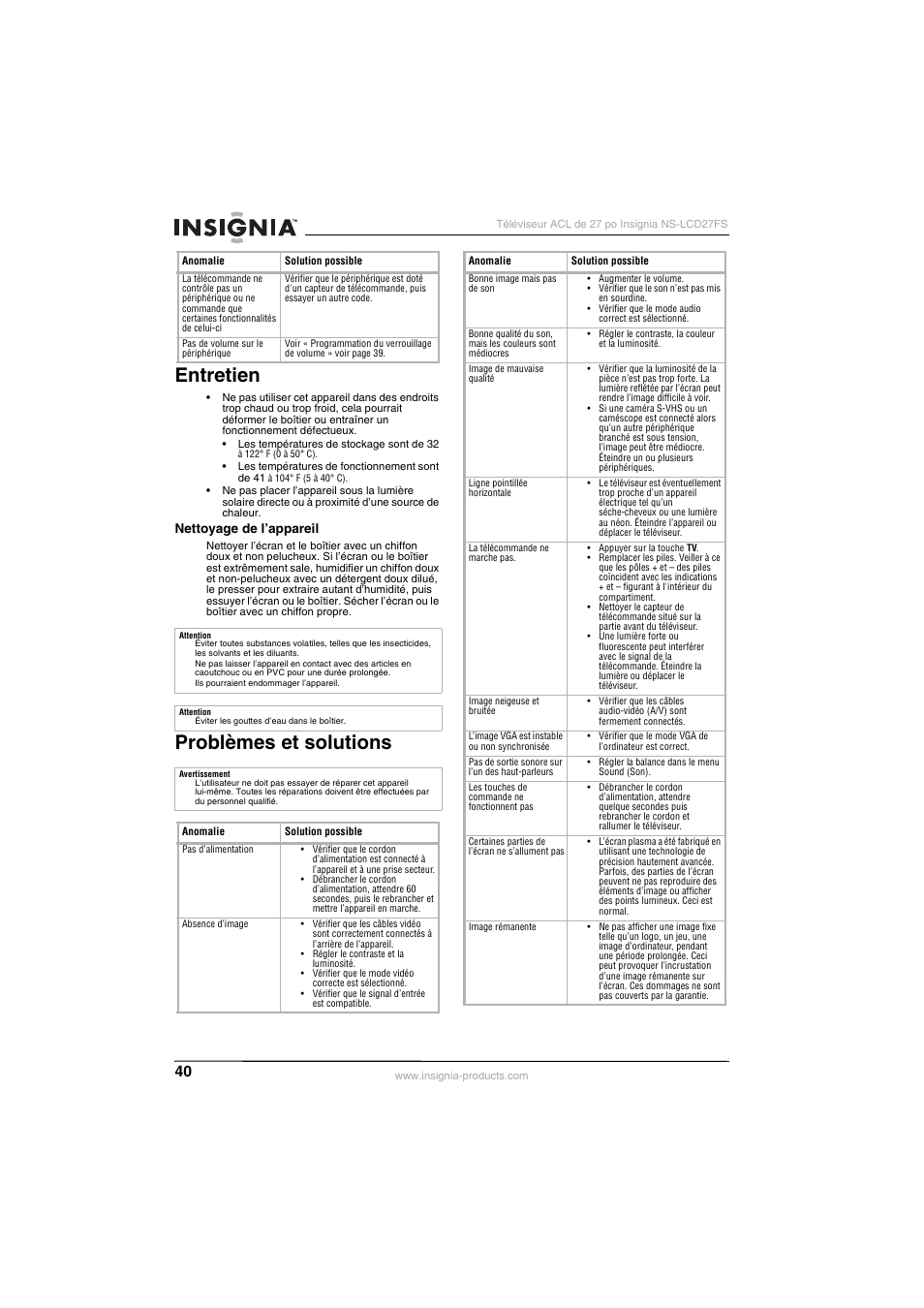 Entretien, Problèmes et solutions | Insignia NS-LCD27FS User Manual | Page 40 / 74
