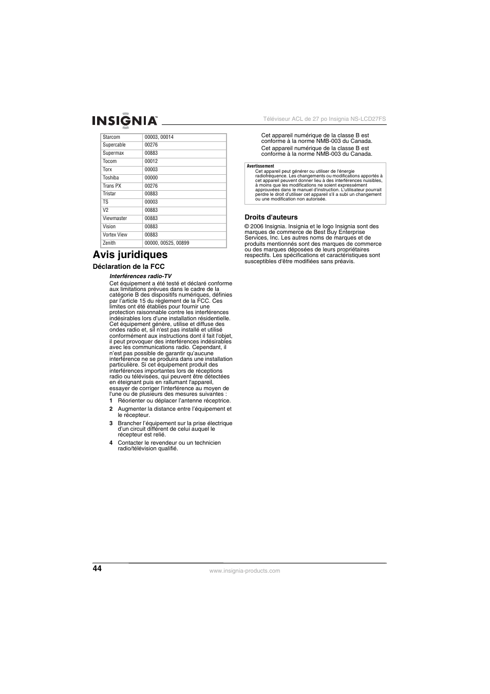 Avis juridiques | Insignia NS-LCD27FS User Manual | Page 44 / 74