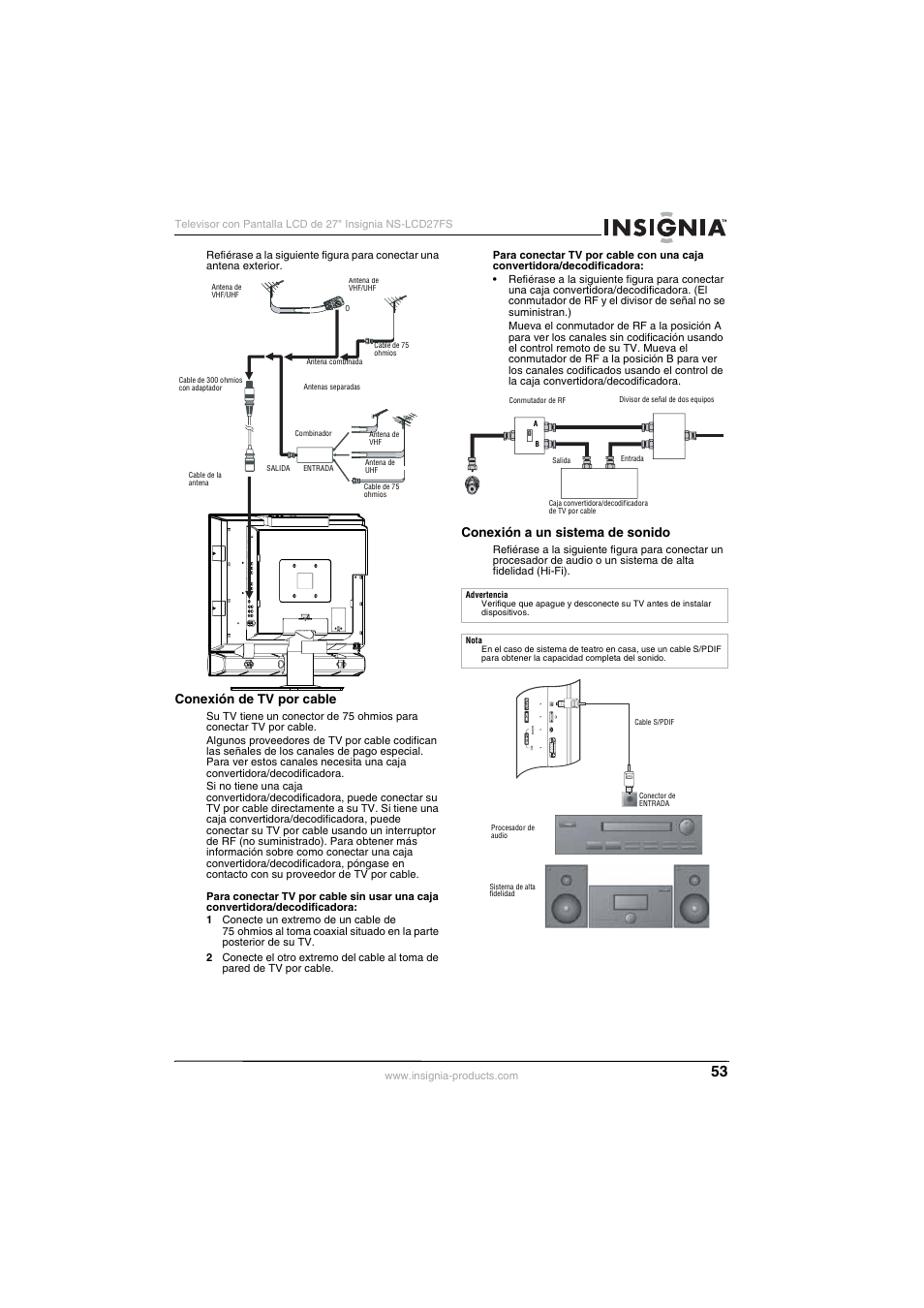 Conexión de tv por cable, Conexión a un sistema de sonido | Insignia NS-LCD27FS User Manual | Page 53 / 74