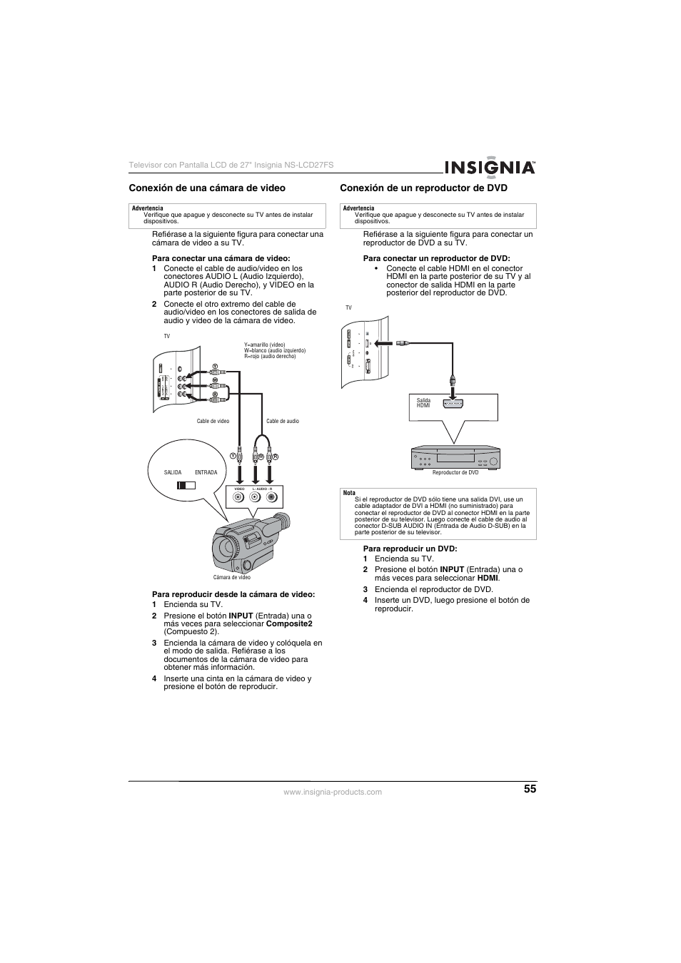 Conexión de una cámara de video, Conexión de un reproductor de dvd | Insignia NS-LCD27FS User Manual | Page 55 / 74
