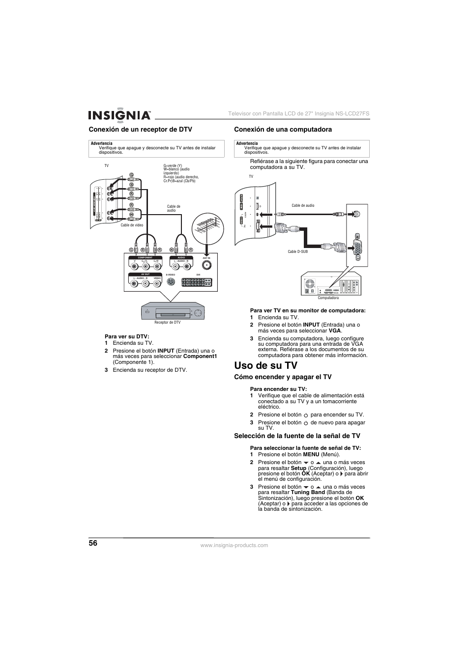 Uso de su tv, Conexión de un receptor de dtv, Conexión de una computadora | Cómo encender y apagar el tv, Selección de la fuente de la señal de tv | Insignia NS-LCD27FS User Manual | Page 56 / 74