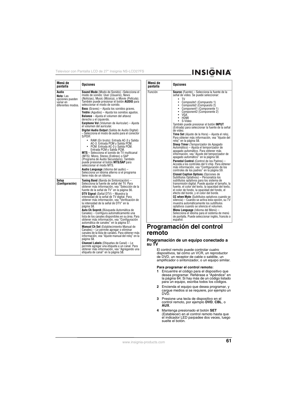 Programación del control remoto | Insignia NS-LCD27FS User Manual | Page 61 / 74