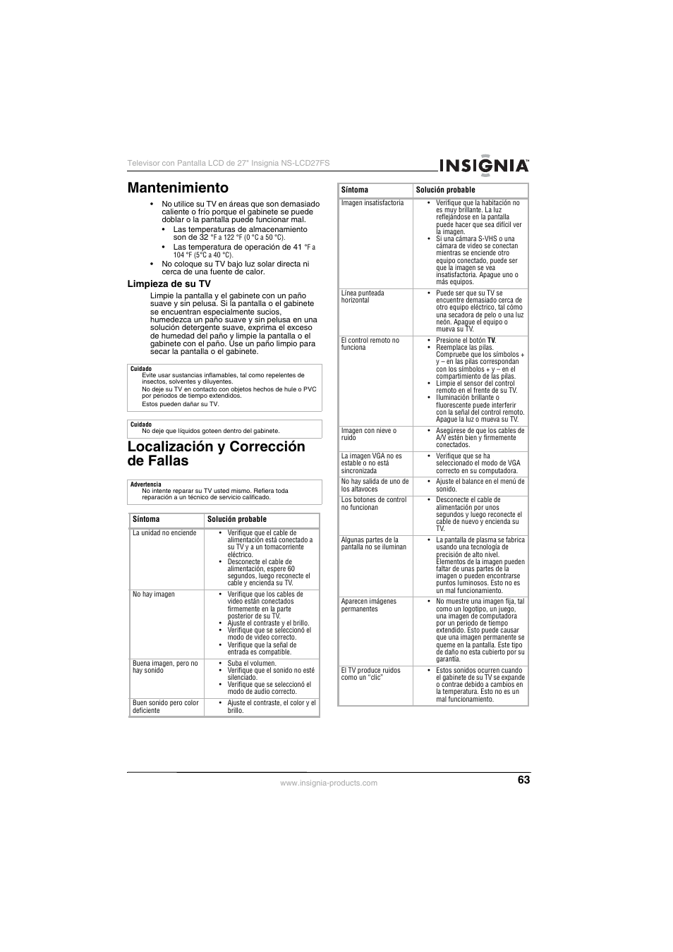 Mantenimiento, Localización y corrección de fallas | Insignia NS-LCD27FS User Manual | Page 63 / 74