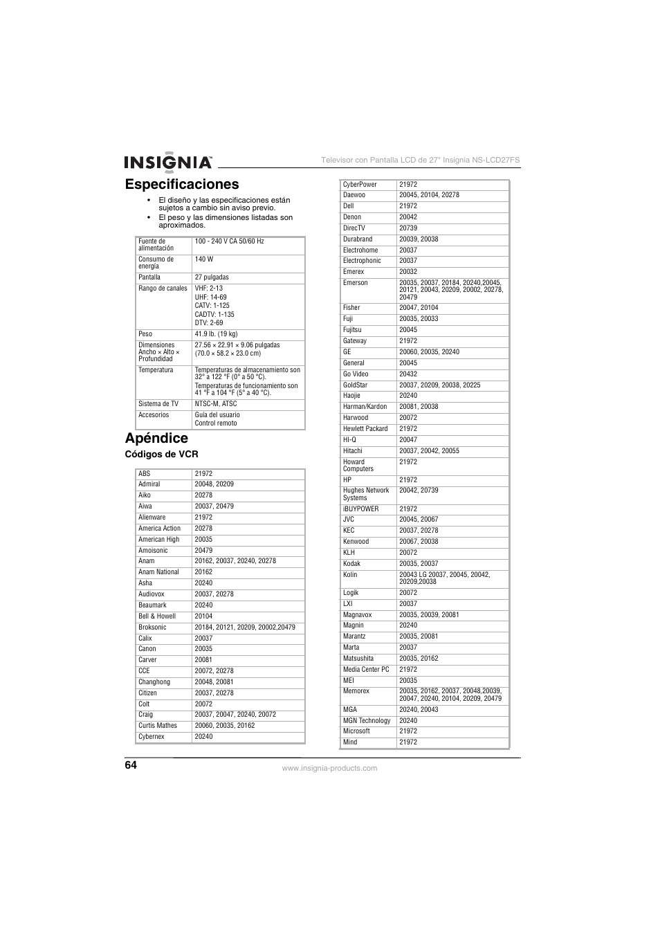 Especificaciones, Apéndice | Insignia NS-LCD27FS User Manual | Page 64 / 74