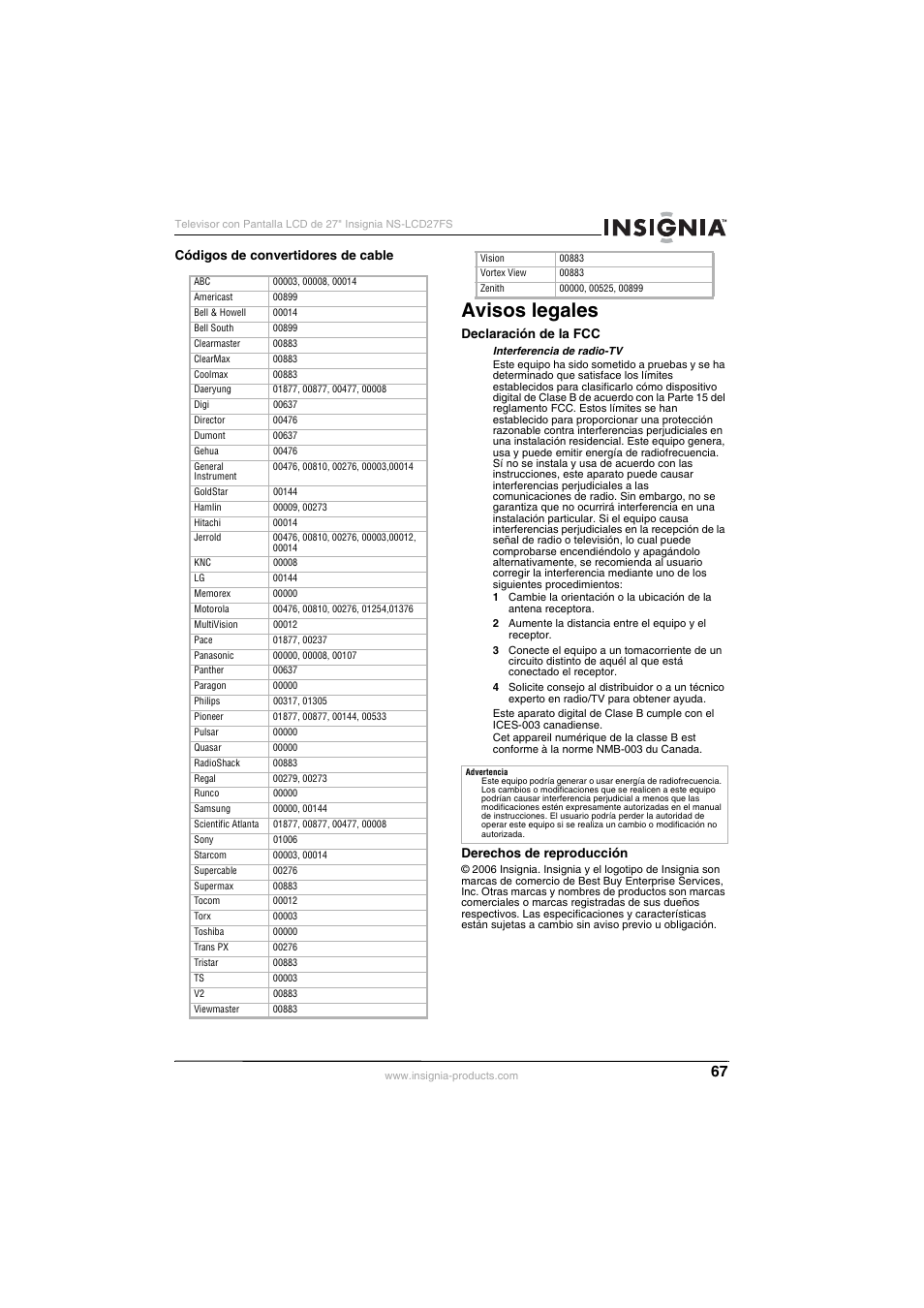 Avisos legales | Insignia NS-LCD27FS User Manual | Page 67 / 74