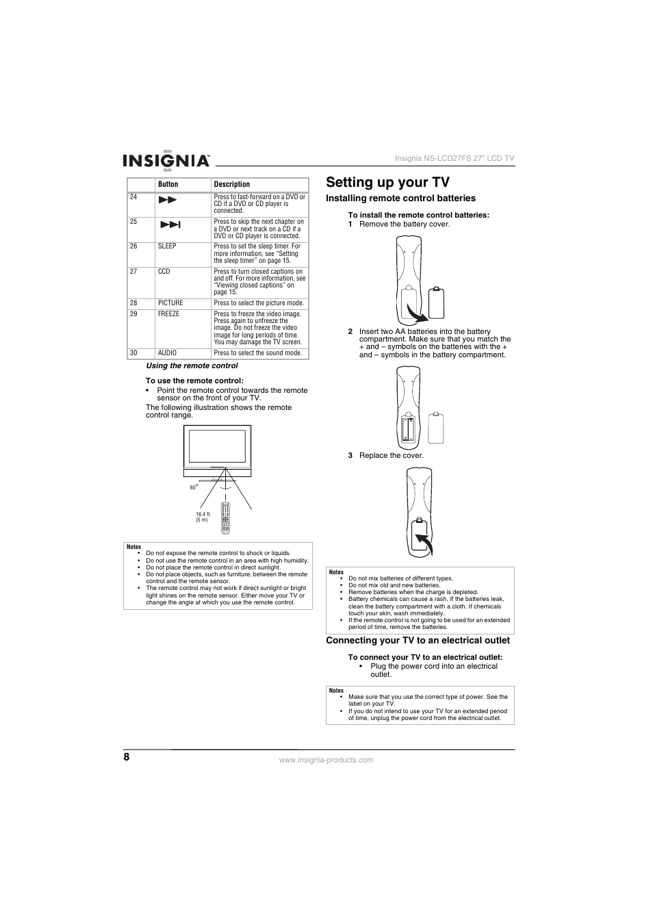Setting up your tv | Insignia NS-LCD27FS User Manual | Page 8 / 74