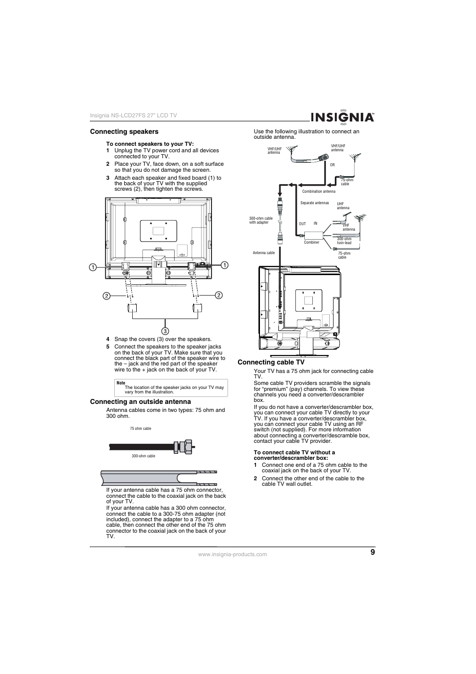 Connecting speakers, Connecting an outside antenna, Connecting cable tv | Insignia NS-LCD27FS User Manual | Page 9 / 74