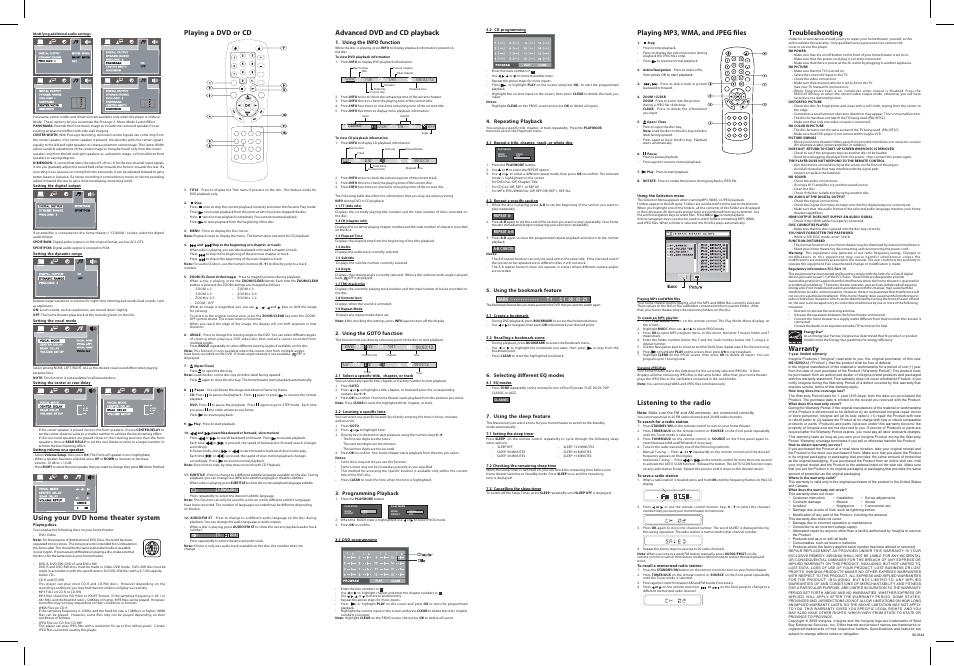 Tune, Troubleshooting, Listening to the radio | Warranty, Using your dvd home theater system | Insignia NS-H2002-U User Manual | Page 2 / 2