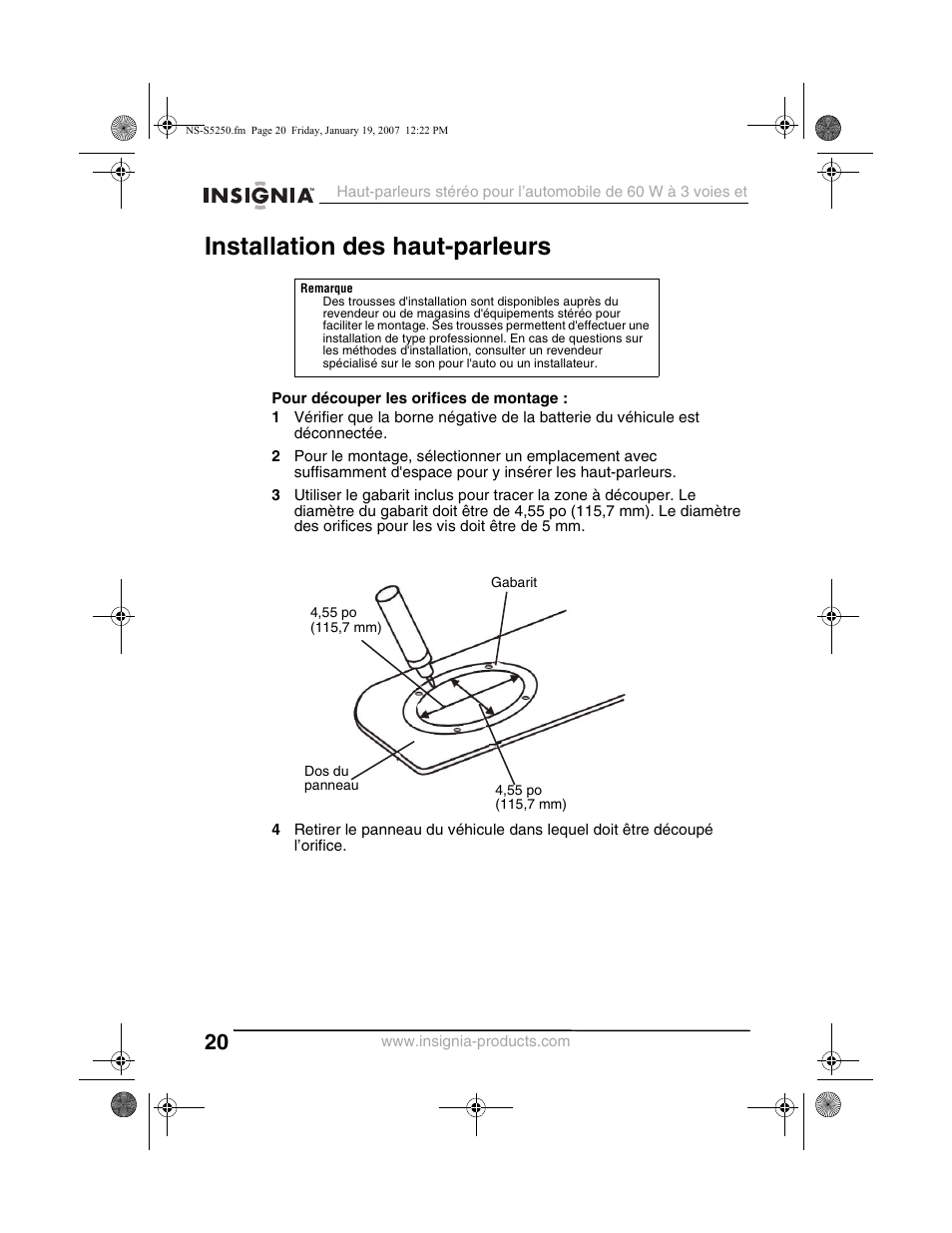Installation des haut-parleurs | Insignia NS-S5250 User Manual | Page 20 / 40