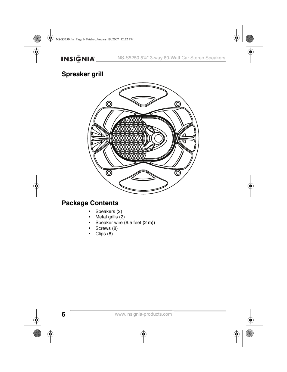 Spreaker grill package contents | Insignia NS-S5250 User Manual | Page 6 / 40