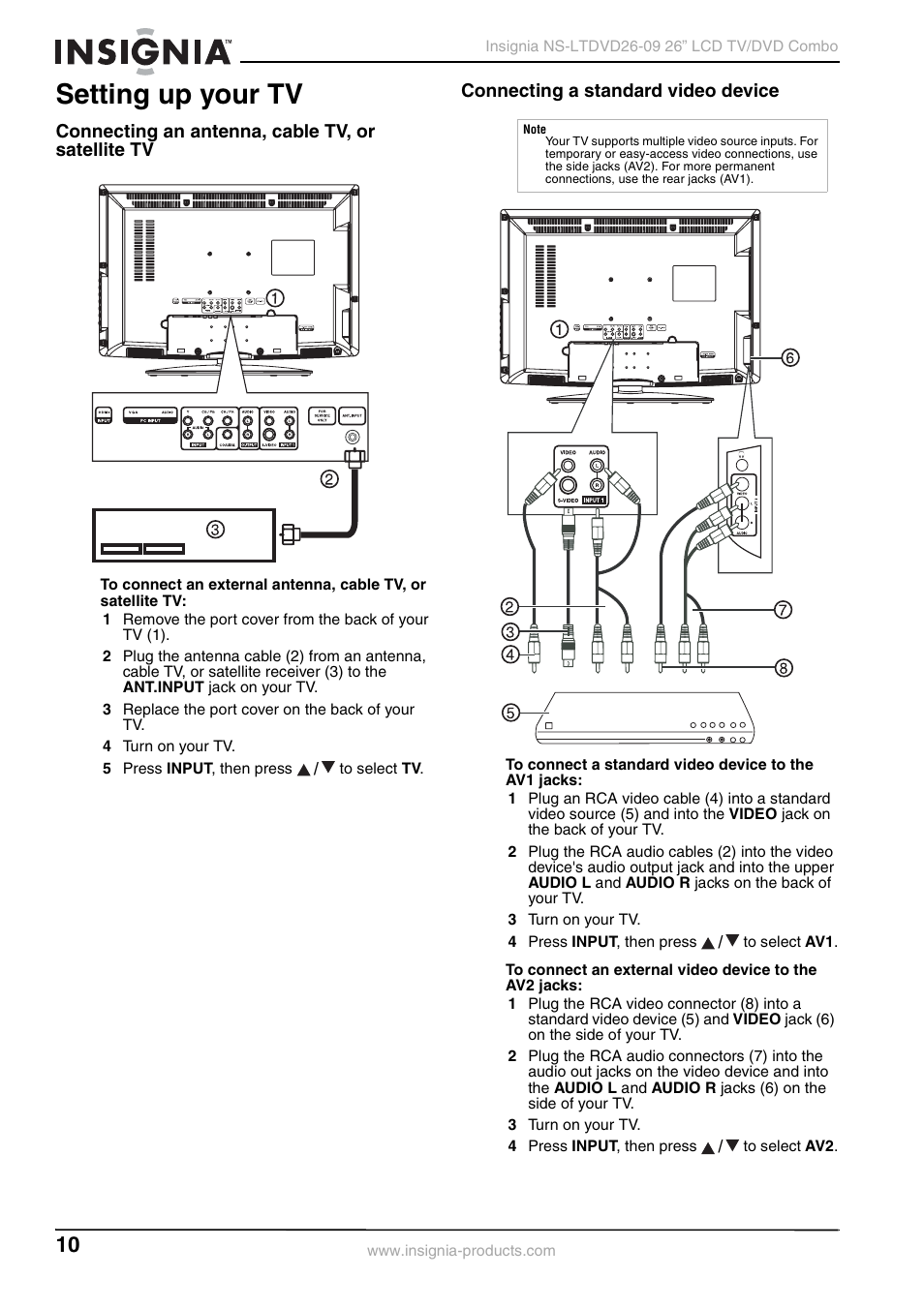Setting up your tv, Connecting an antenna, cable tv, or satellite tv, Connecting a standard video device | Insignia NS-LTDVD26-09 User Manual | Page 10 / 76